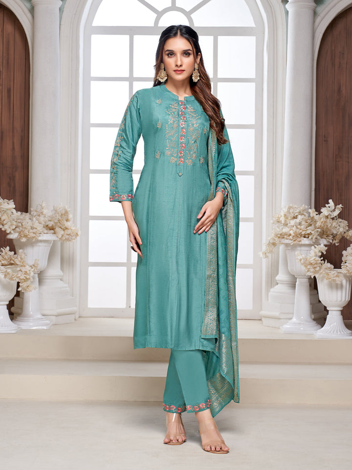 Tropical Teal Semi-Silk Suit Set