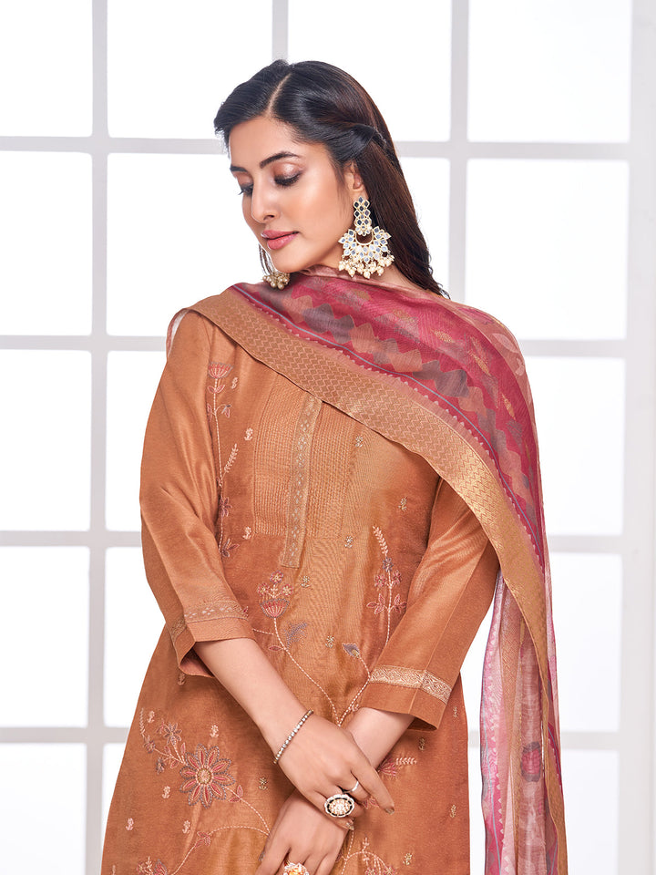 Earthy Rust Semi-Silk Suit Set