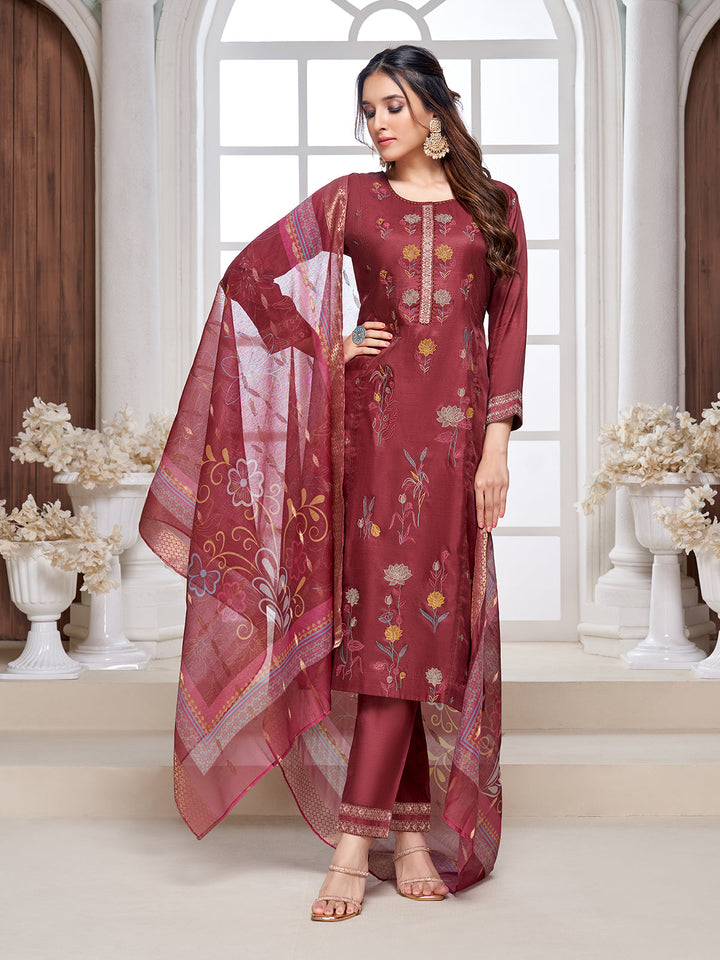 Maroon Semi-Silk Suit Set