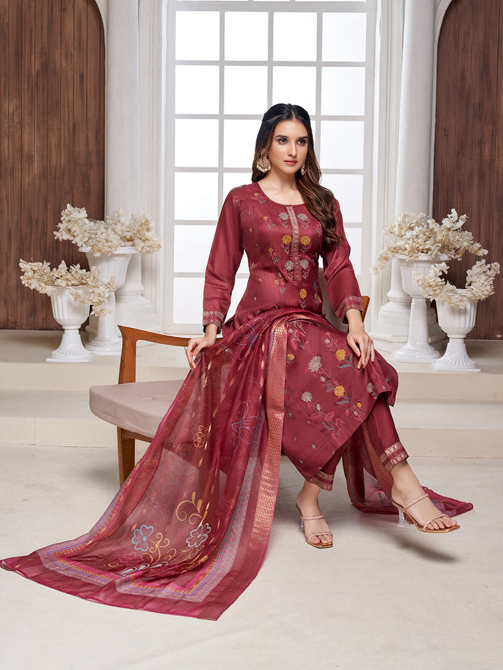 Maroon Semi-Silk Suit Set