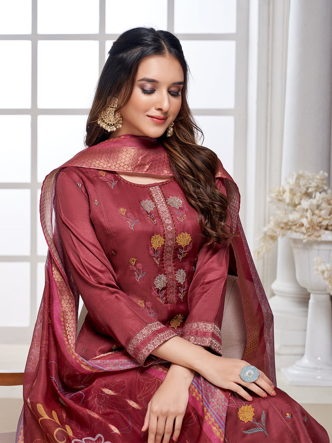 Maroon Semi-Silk Suit Set