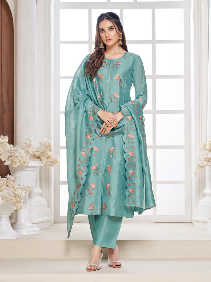 Dusty Teal Semi-Silk Suit Set