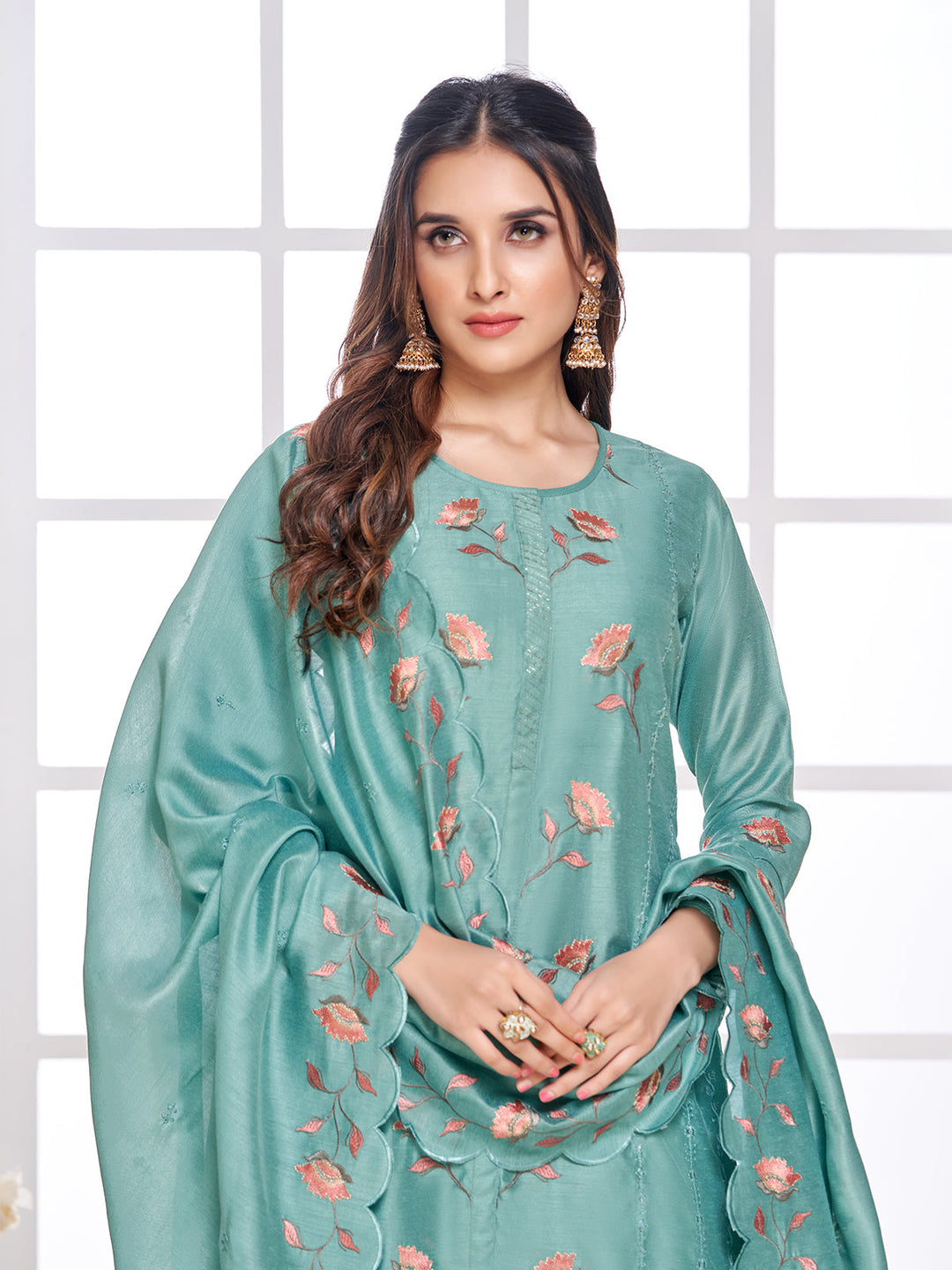 Dusty Teal Semi-Silk Suit Set