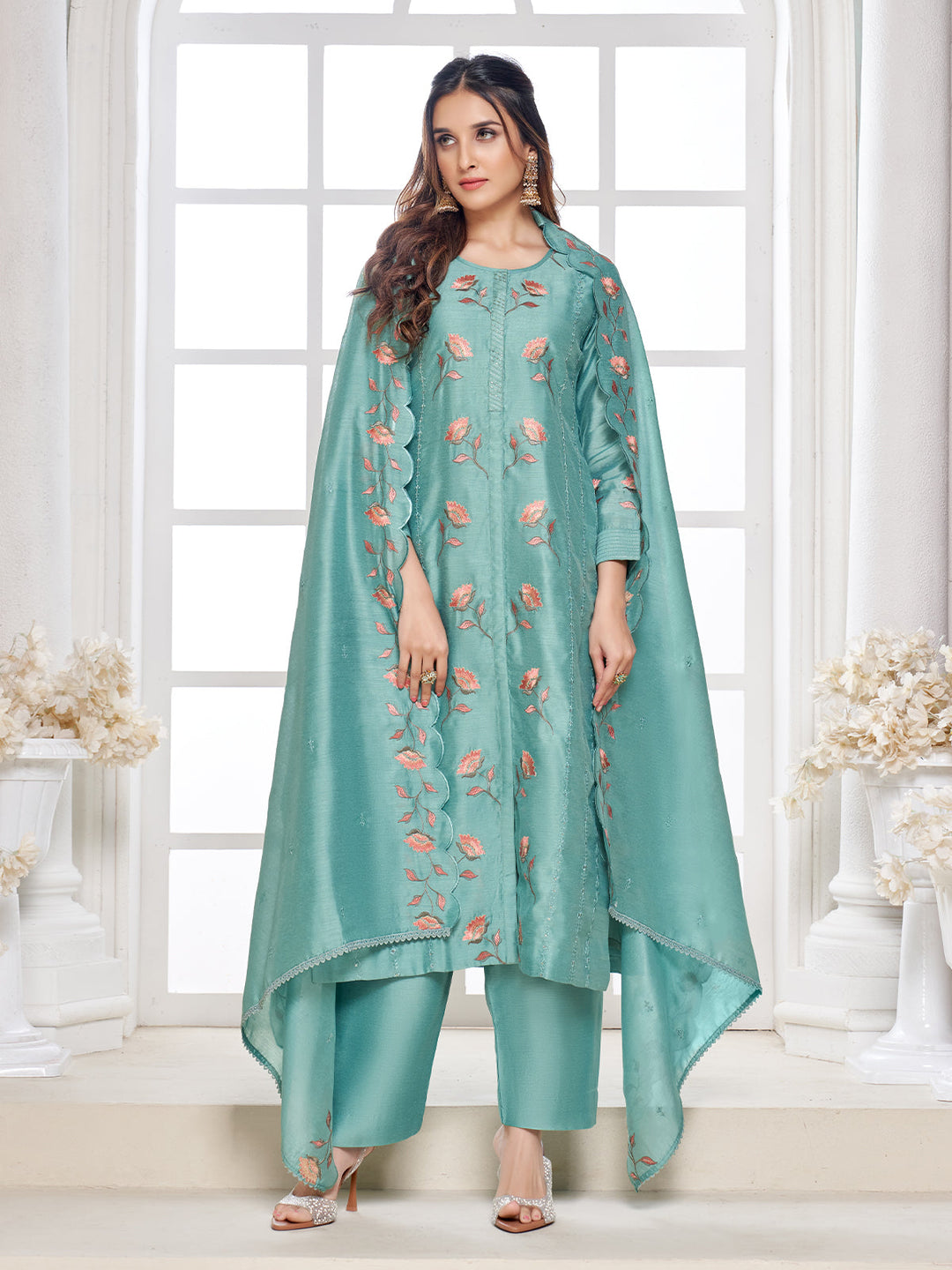 Dusty Teal Semi-Silk Suit Set