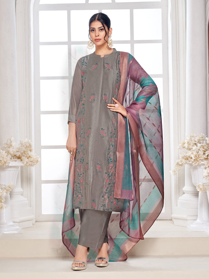 Deep Grey Semi-Silk Suit Set
