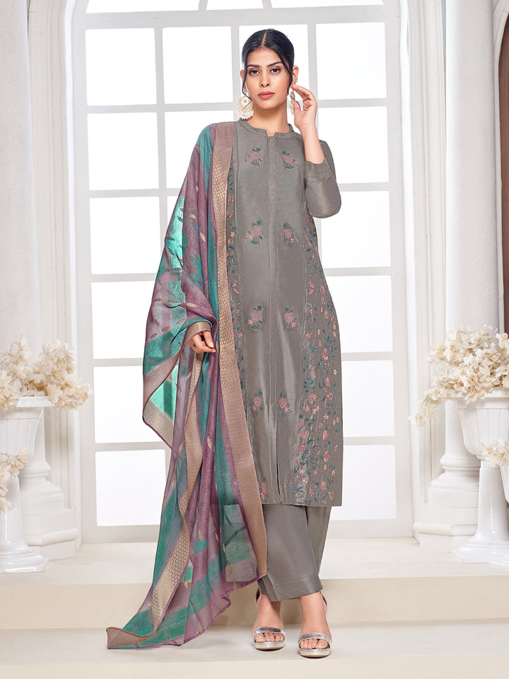 Deep Grey Semi-Silk Suit Set