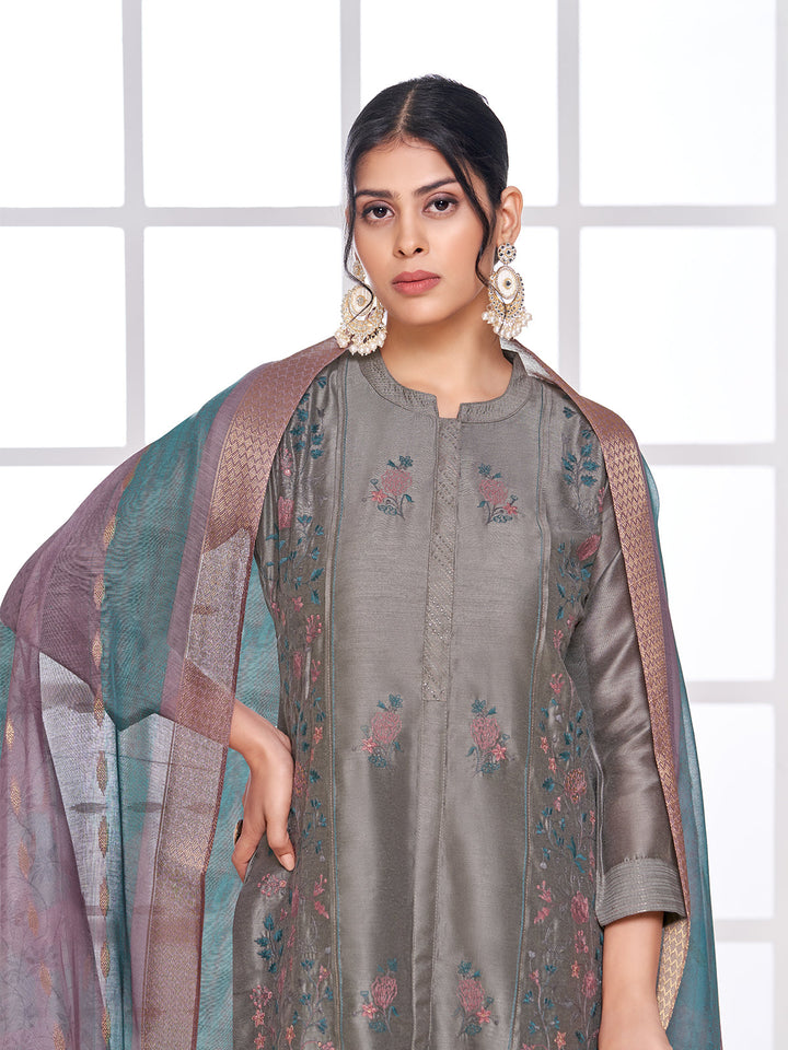 Deep Grey Semi-Silk Suit Set