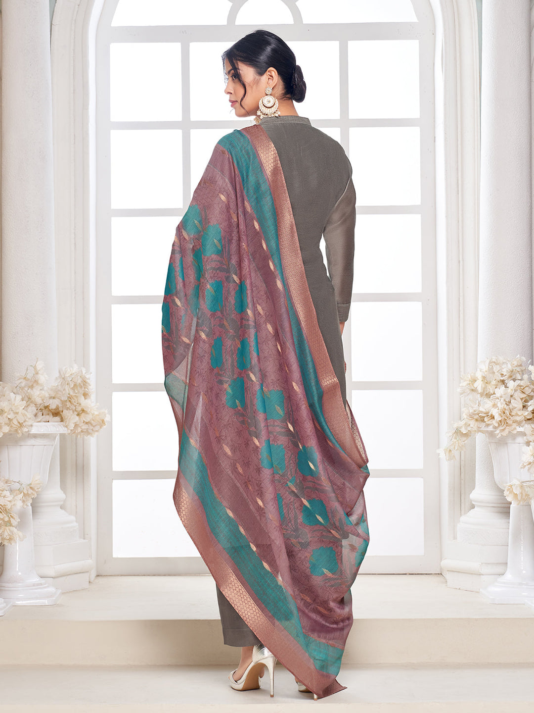 Deep Grey Semi-Silk Suit Set