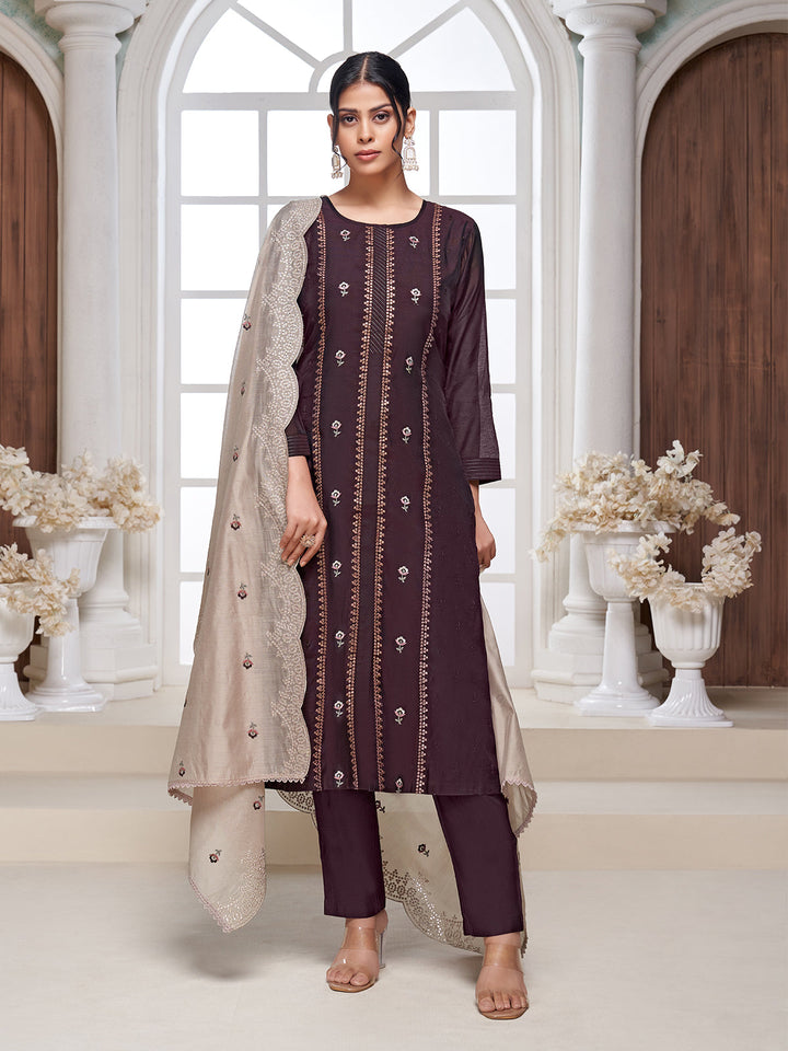Deep Wine Semi-Silk Suit Set