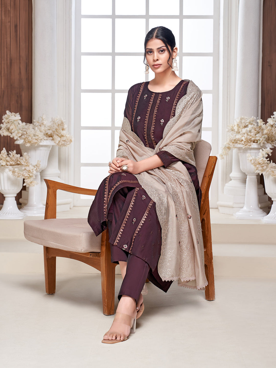 Deep Wine Semi-Silk Suit Set