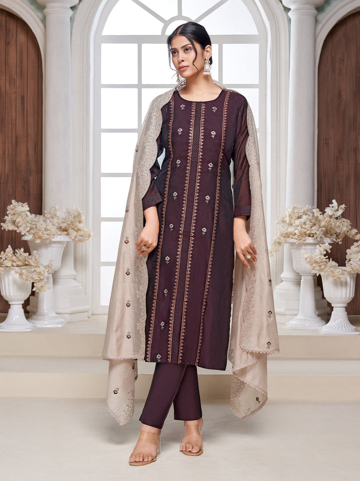 Deep Wine Semi-Silk Suit Set