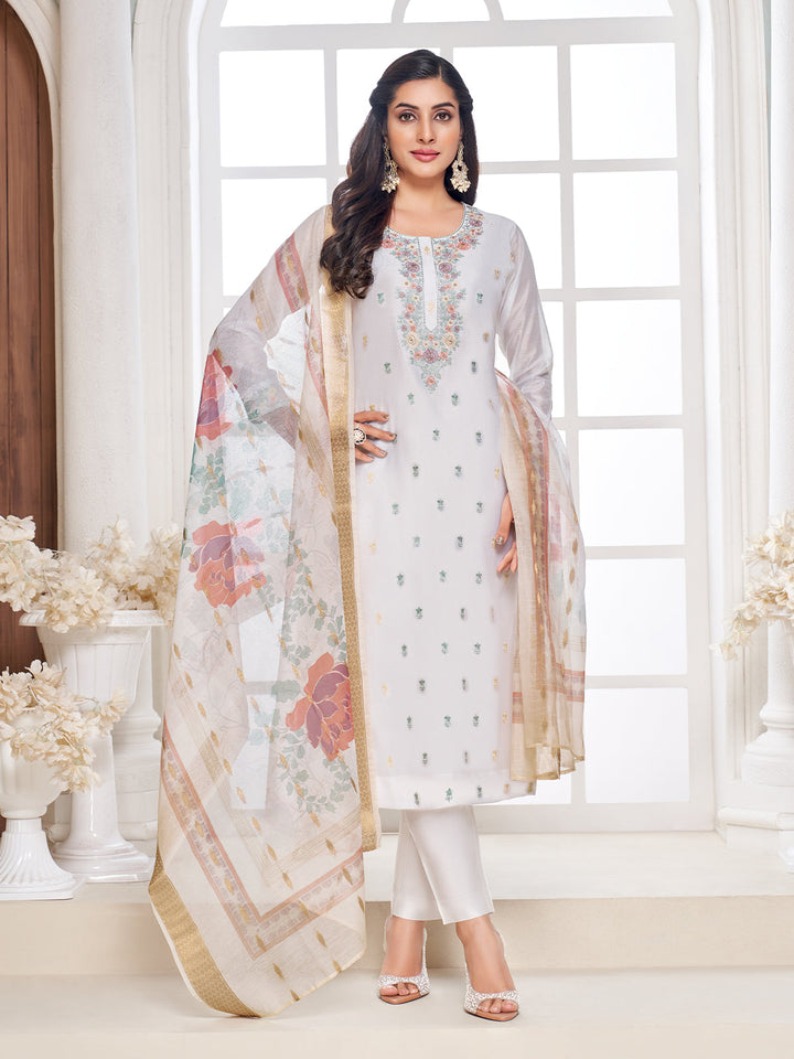 White Semi-Silk Suit Set