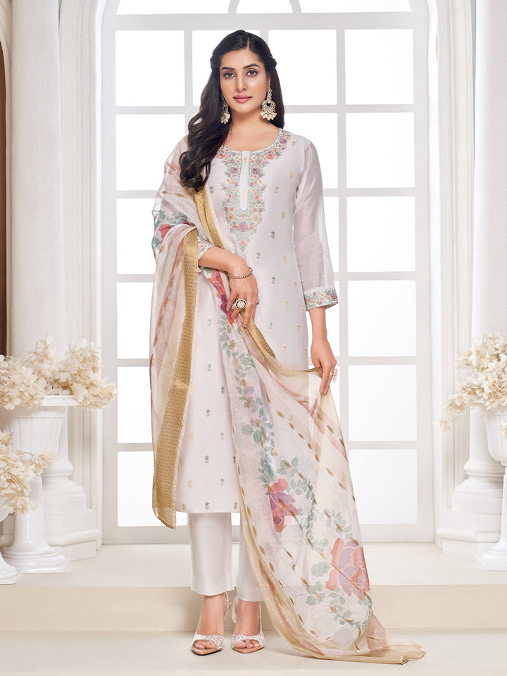 White Semi-Silk Suit Set