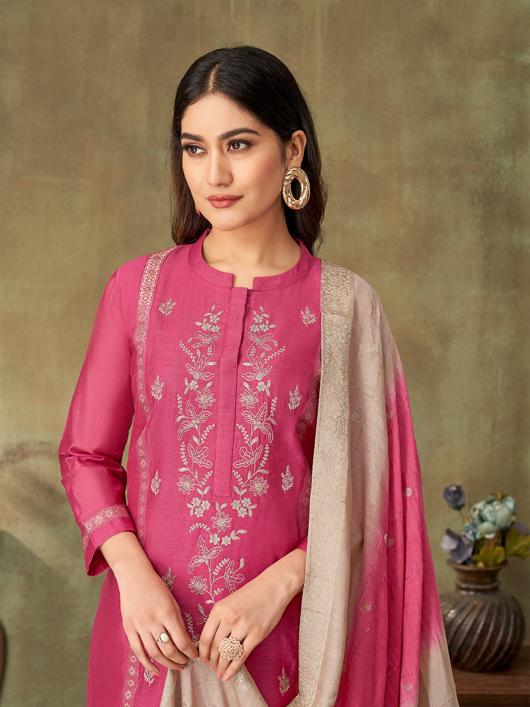 Pink Chanderi Suit Set
