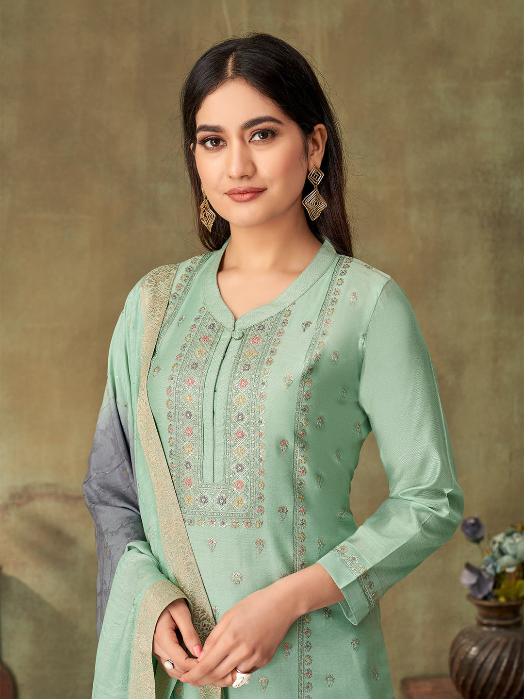 Mint Green Chanderi Suit Set