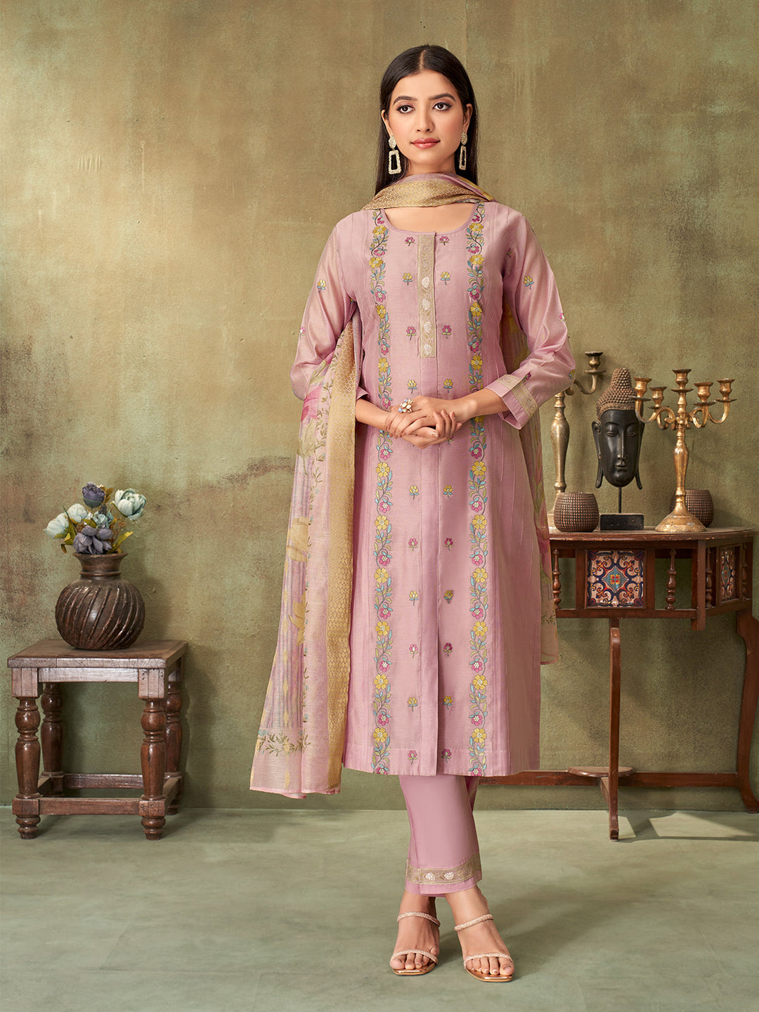 Pink Chanderi Suit Set