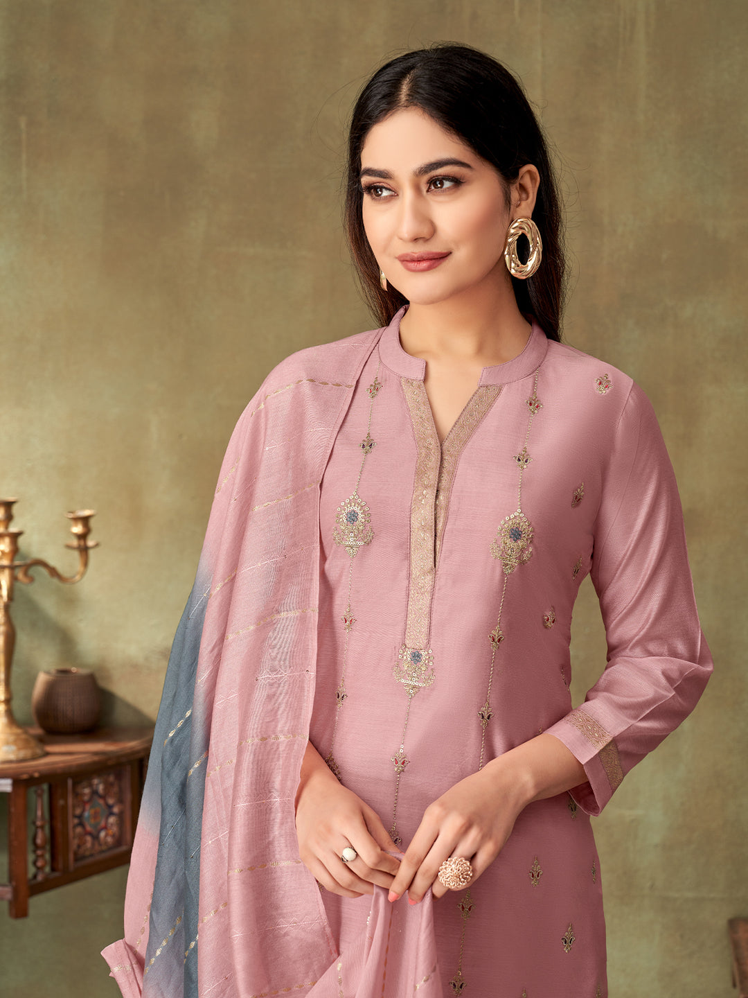 Pink Chanderi Suit Set
