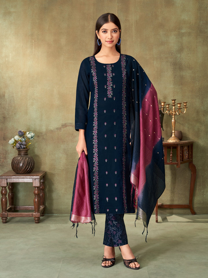 Navy Blue Chanderi Suit Set