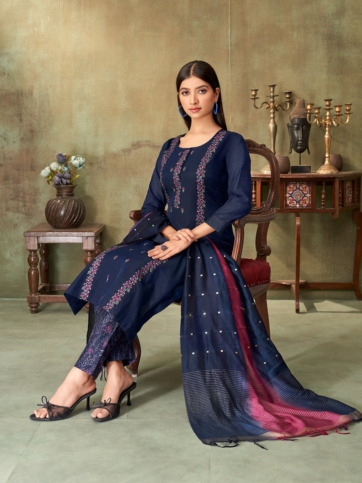 Navy Blue Chanderi Suit Set
