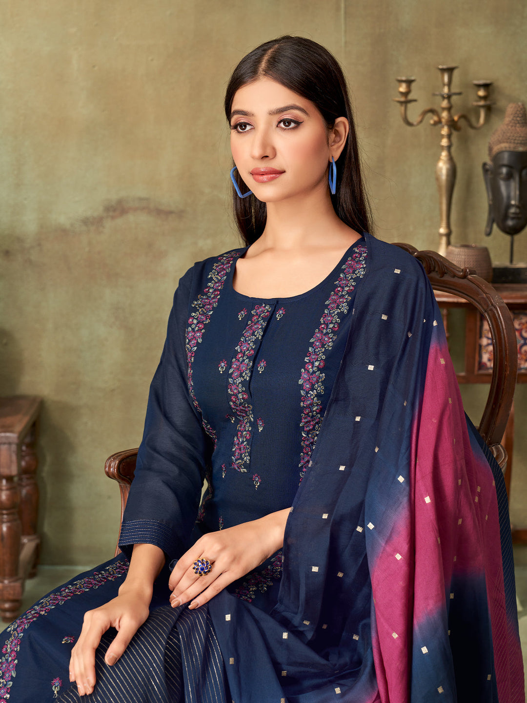 Navy Blue Chanderi Suit Set