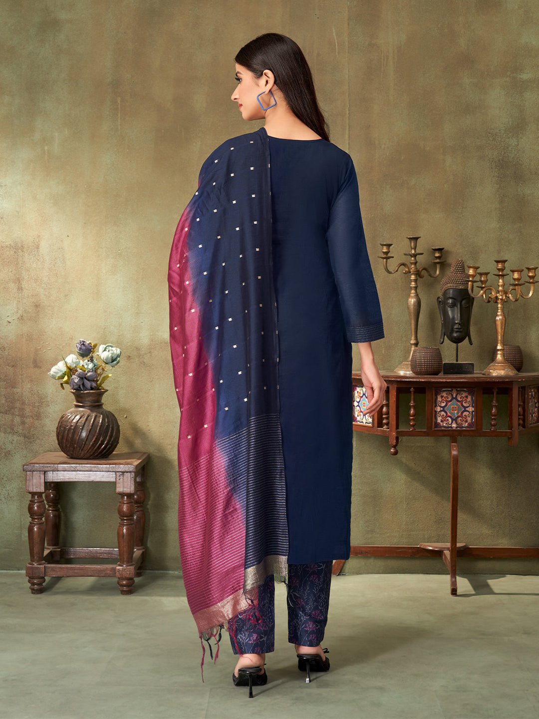 Navy Blue Chanderi Suit Set