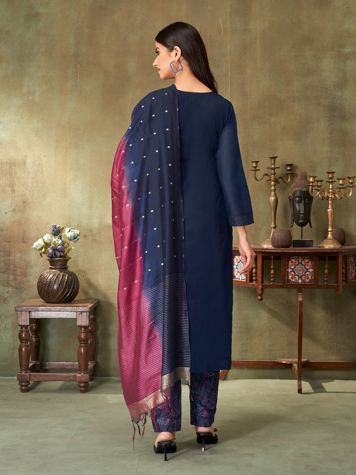 Navy Blue Chanderi Suit Set