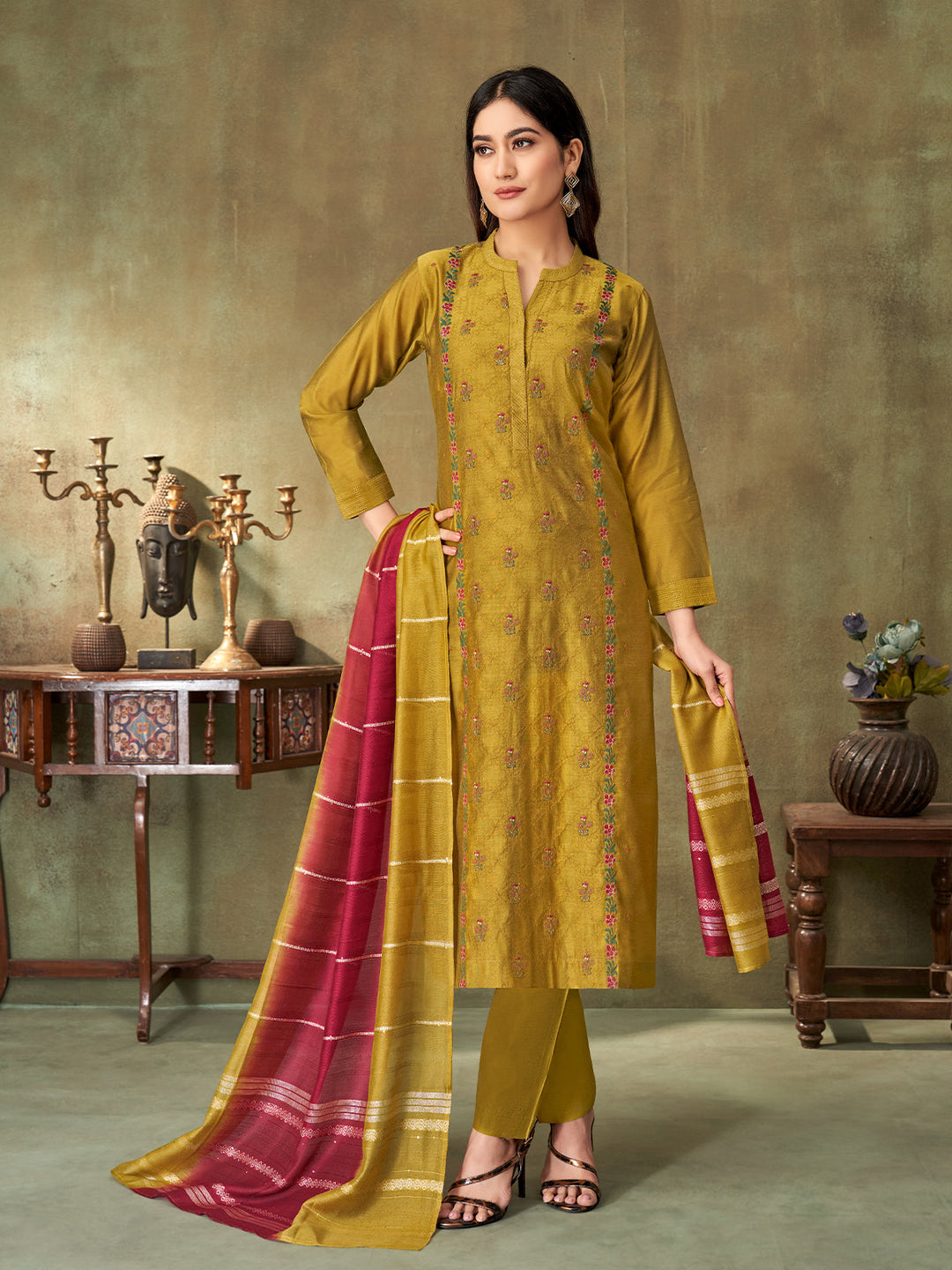Sunlit Olive Chanderi Suit Set