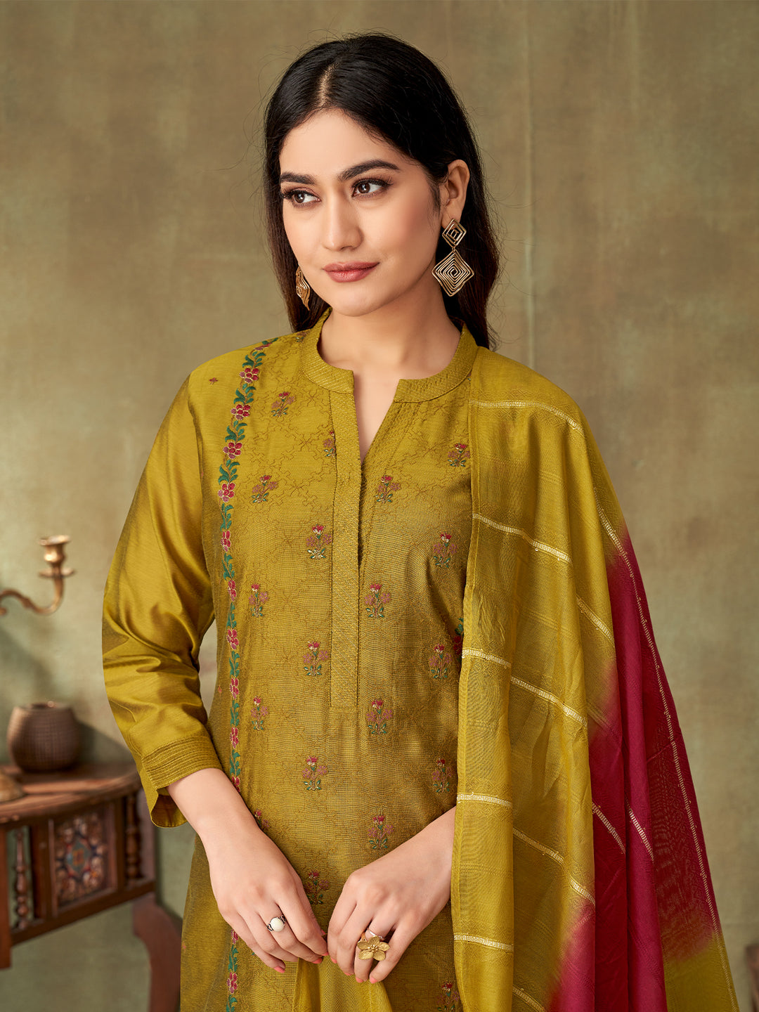 Sunlit Olive Chanderi Suit Set