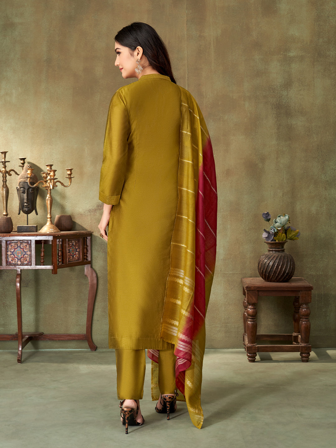 Sunlit Olive Chanderi Suit Set