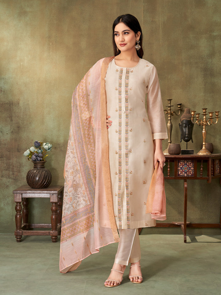 Beige Chanderi Suit Set