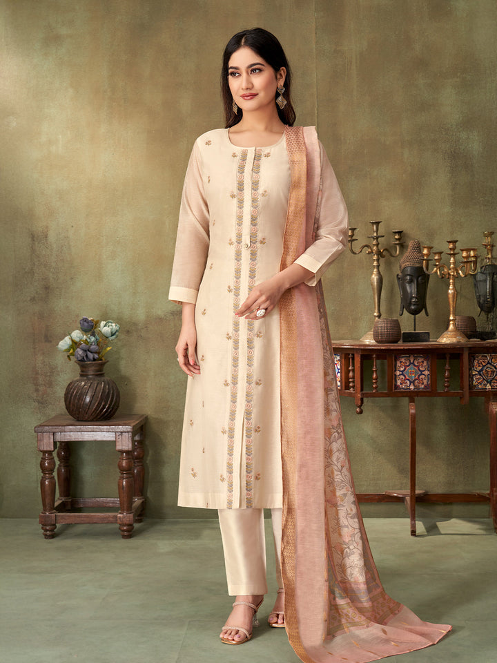 Beige Chanderi Suit Set
