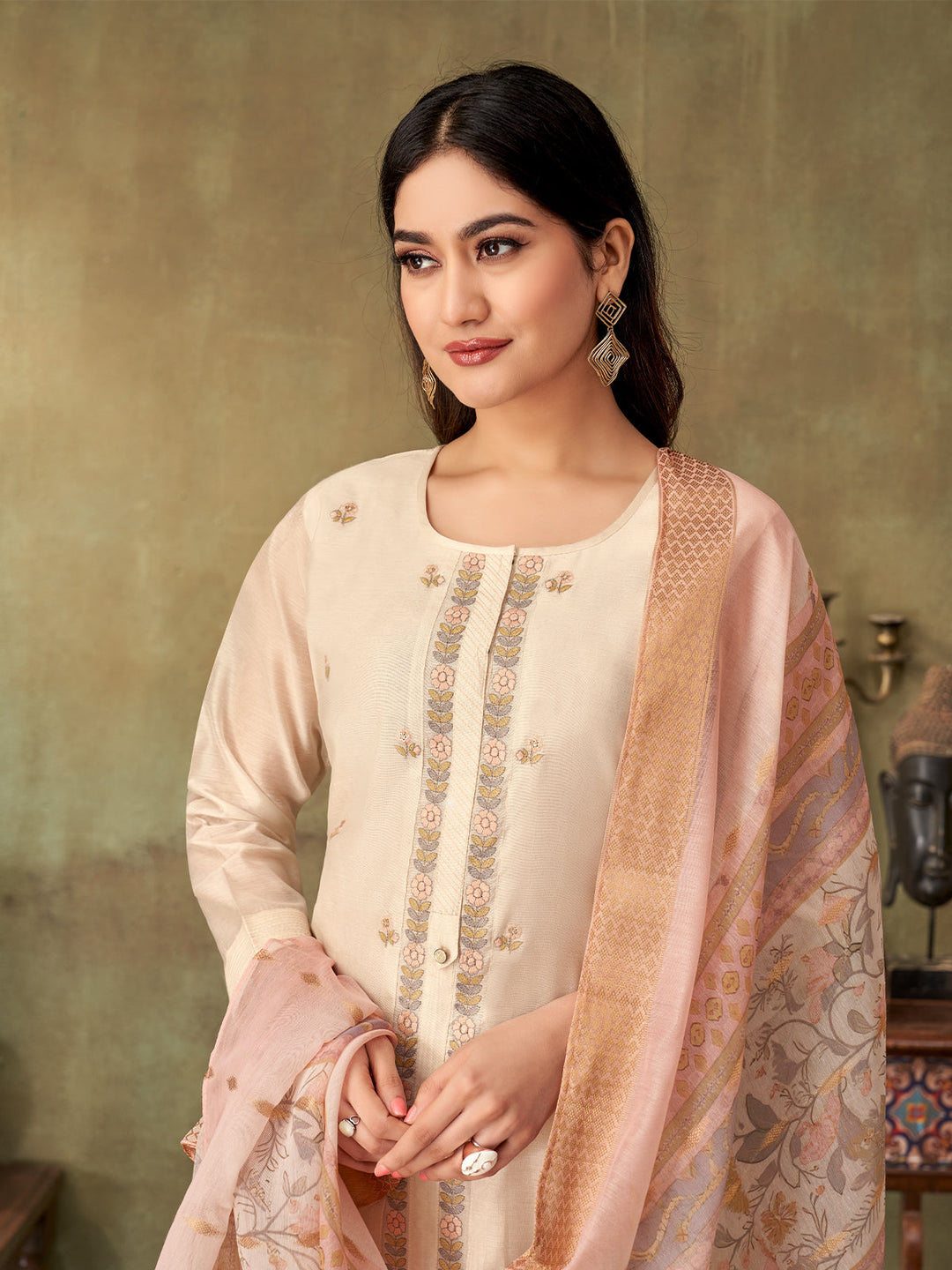 Beige Chanderi Suit Set