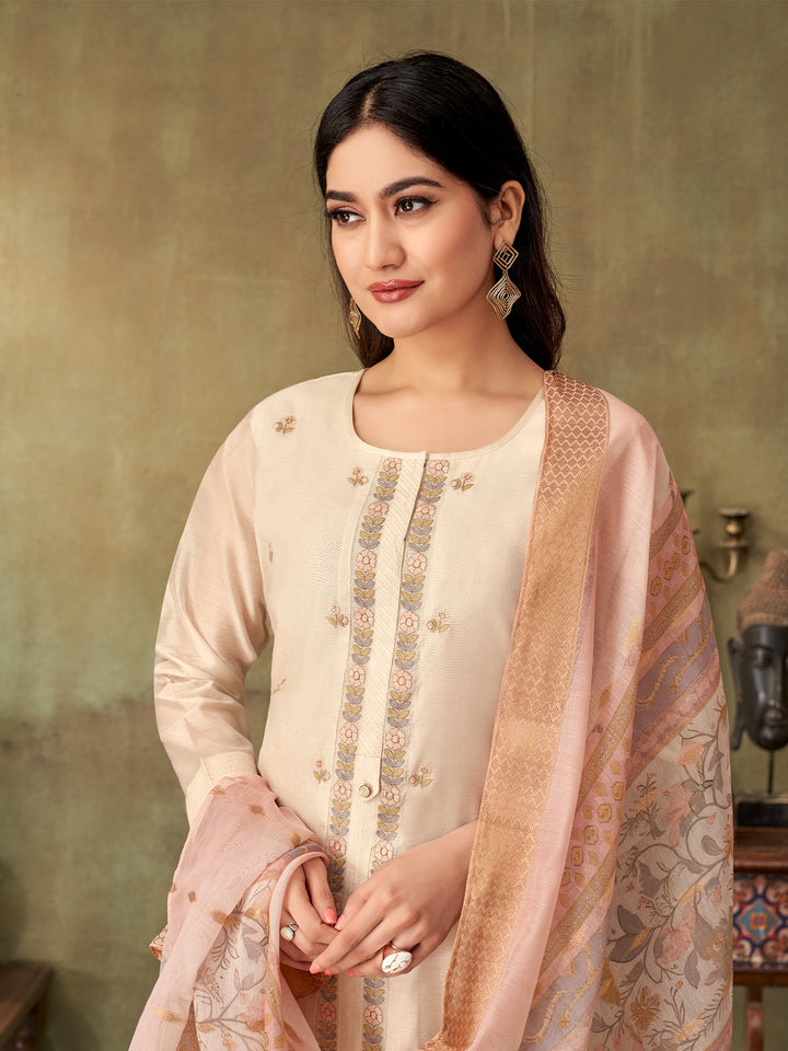 Beige Chanderi Suit Set