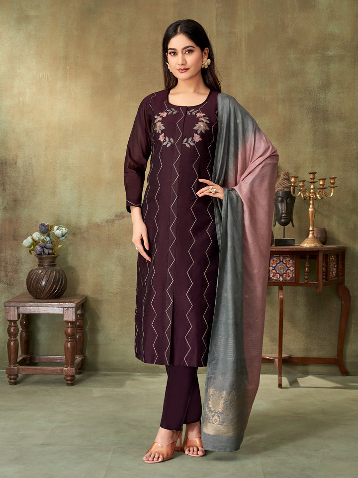 Wine Chanderi Suit Set