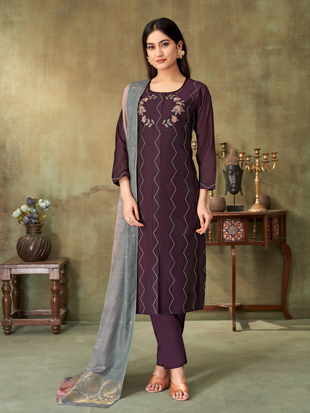 Wine Chanderi Suit Set