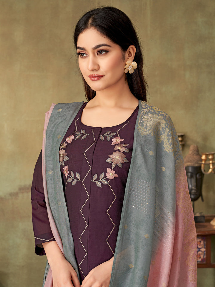 Wine Chanderi Suit Set