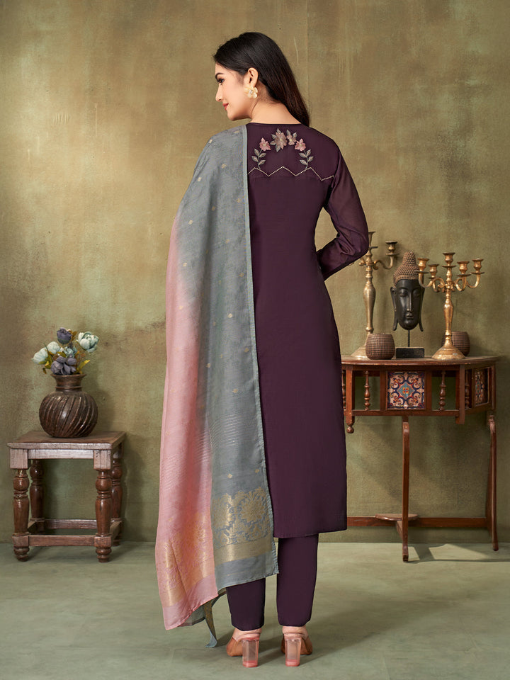 Wine Chanderi Suit Set