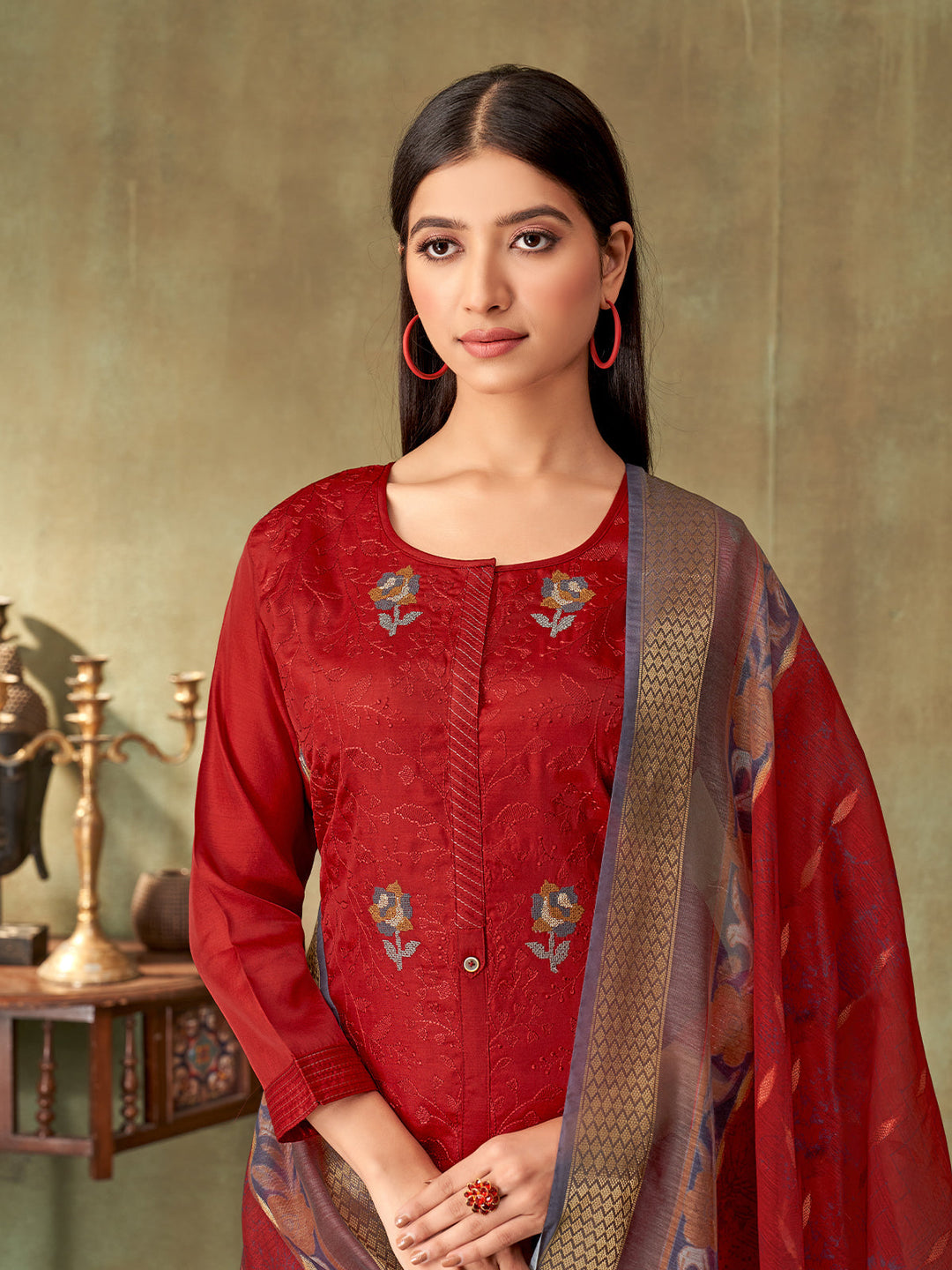 Red Chanderi Suit Set