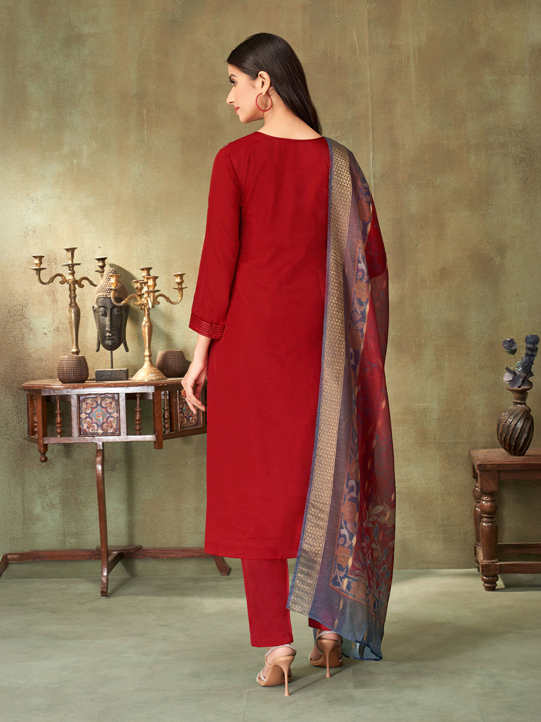 Red Chanderi Suit Set