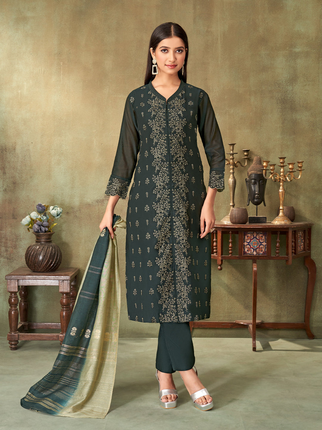 Grey Chanderi Suit Set