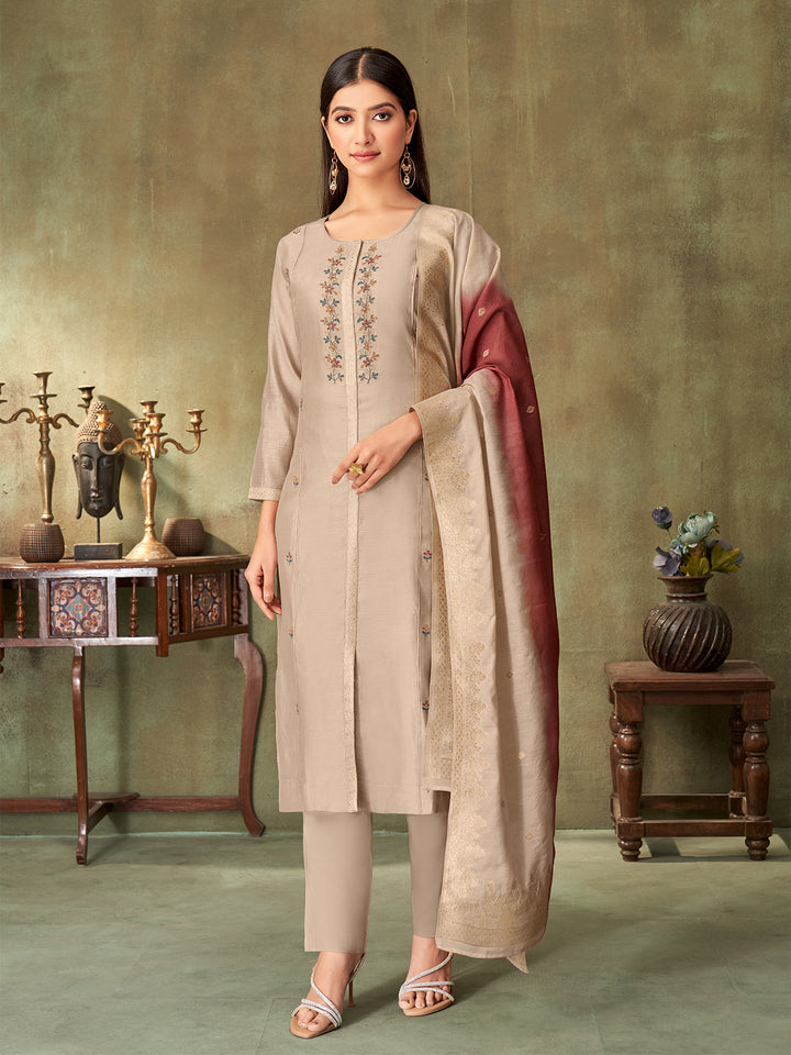 Beige Chanderi Suit Set