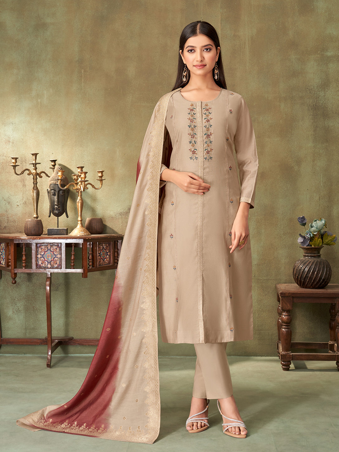 Beige Chanderi Suit Set