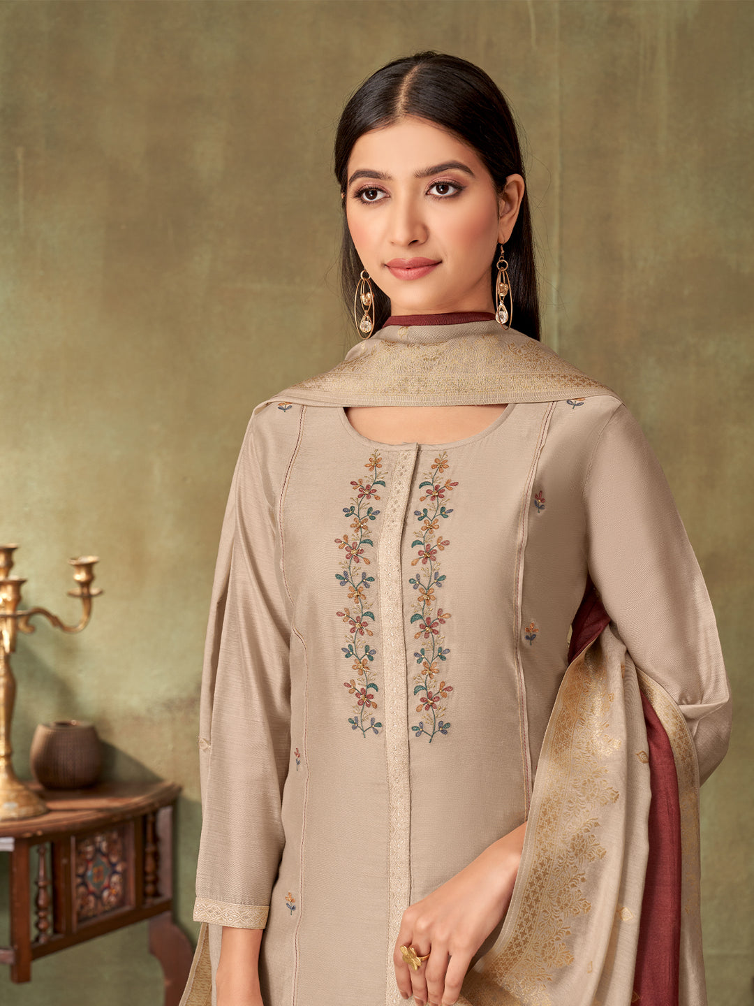 Beige Chanderi Suit Set