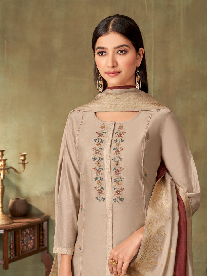 Beige Chanderi Suit Set
