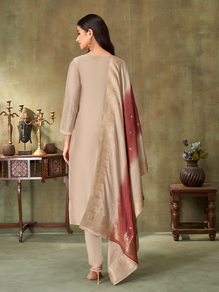 Beige Chanderi Suit Set