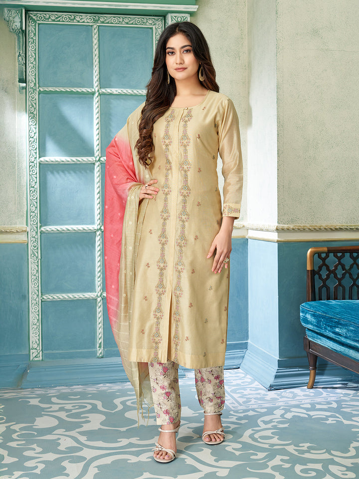 Beige Chanderi Suit Set