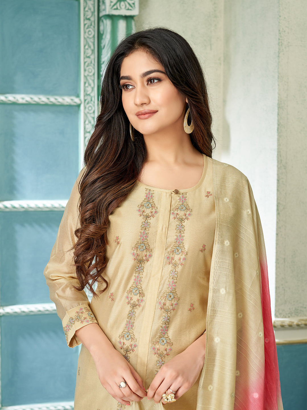Beige Chanderi Suit Set