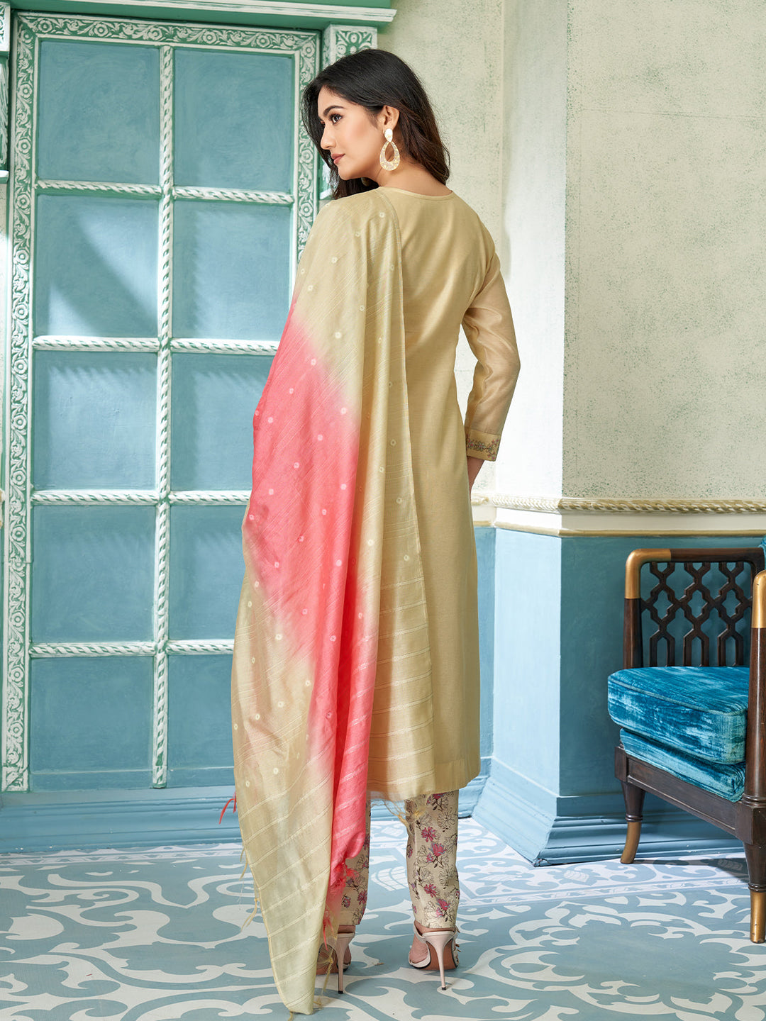 Beige Chanderi Suit Set