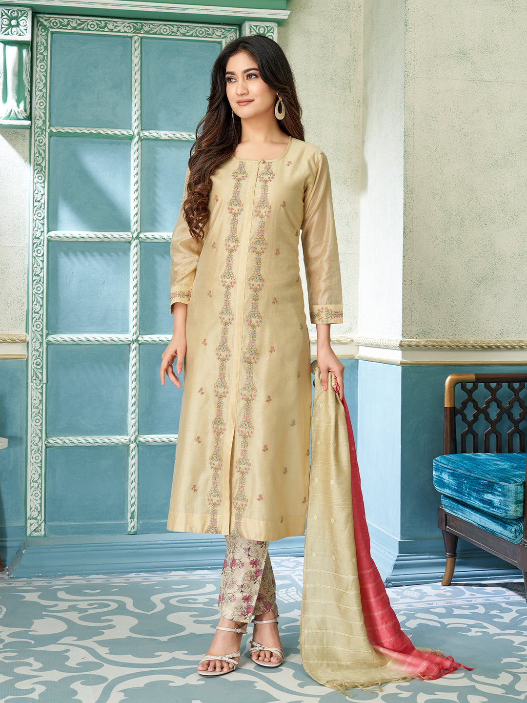 Beige Chanderi Suit Set