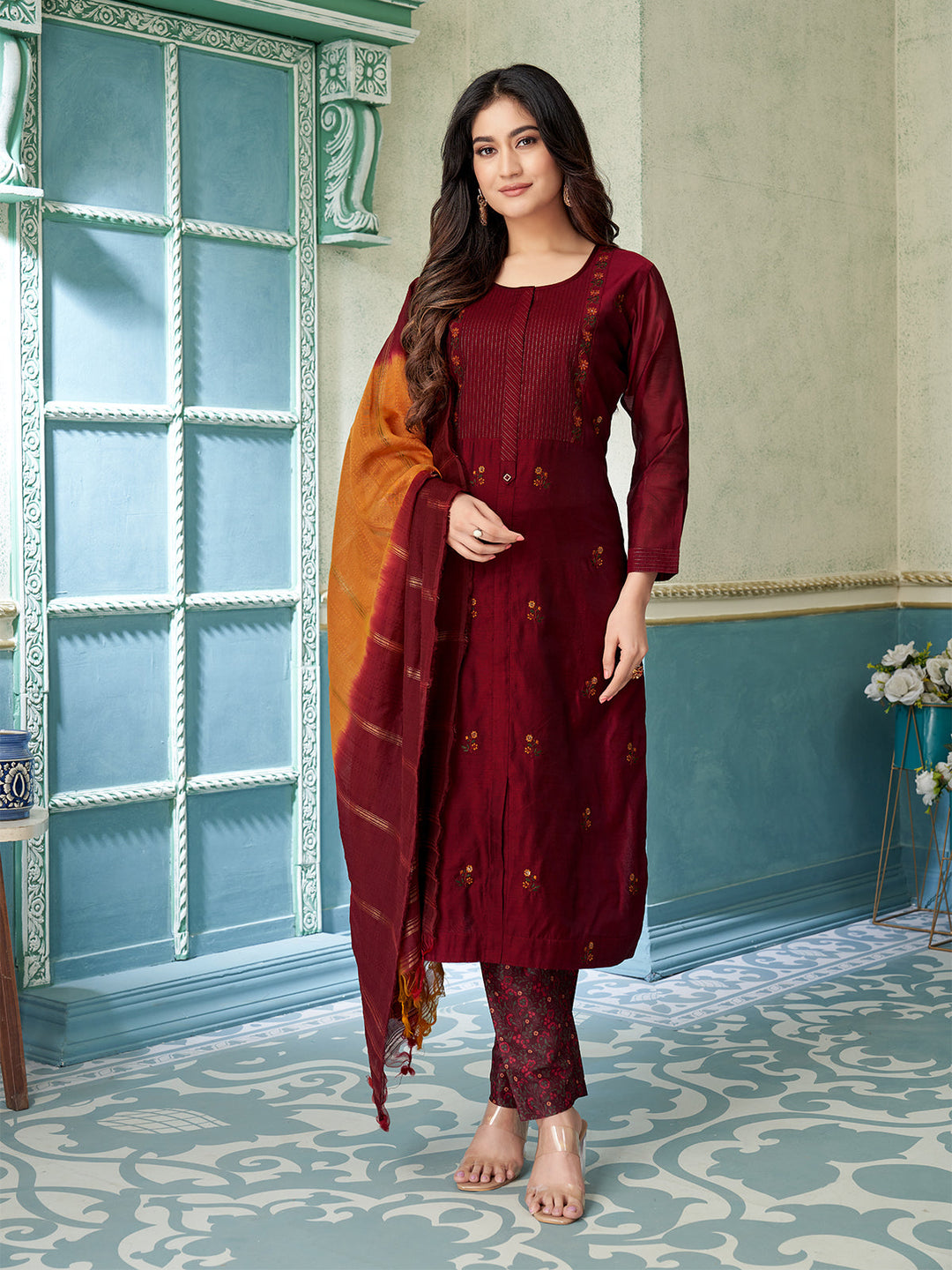 Maroon Chanderi Suit Set